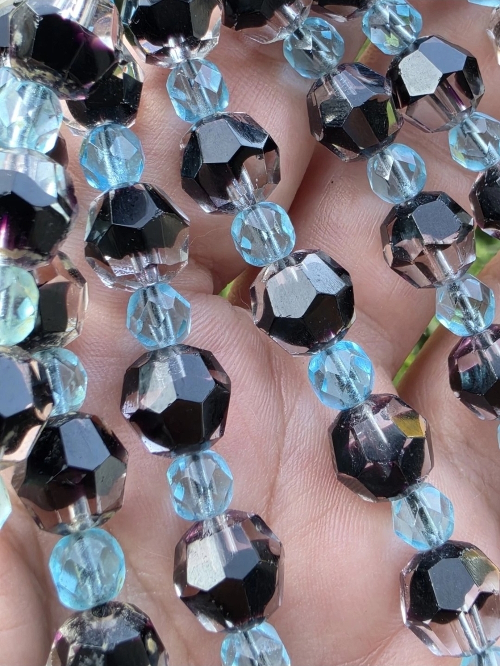 Vintage Art Glass Necklace Black Smoky Clear Aqua Faceted Crystal Beads 32"